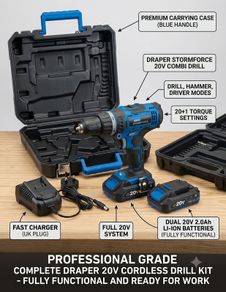 Draper Storm Force 20V Cordless Combi Drill Set + 2x Batteries & Charger [100% Working]
