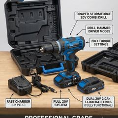Draper Storm Force 20V Cordless Combi Drill Set + 2x Batteries & Charger [100% Working]