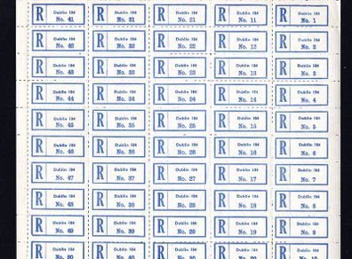 Ireland Sheet of 50 Registered Post labels from Dublin 184 (Ballymun Avenue)