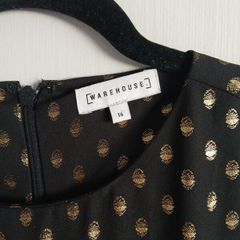 warehouse 1960s drop waist black shift dress with metallic polka dot