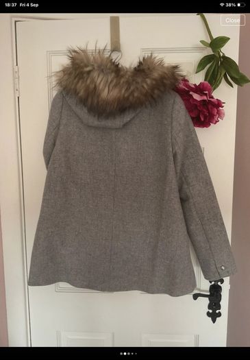 jacket Zara grey wool hooded jacket with fur medium