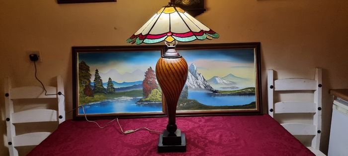 30.5 Inch Tall Large Art Deco Tiffany Style Table Lamp With Metal And Black Striped Amber Glass Stand With Stained Glass Shade