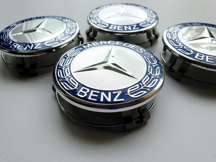 Mercedes Benz Classic 75mm Chrome / Blue 4 x Wheel Center Caps Cap Hub