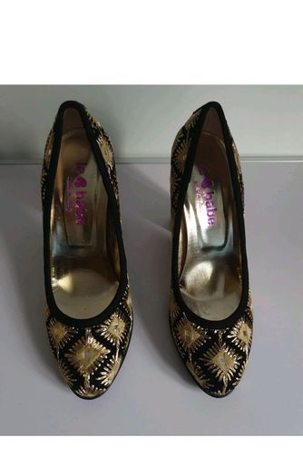 Le Babe Mirror 5019 Black Gold Embroidered Block Heel Court Shoes EU36 BNIB CAN POST