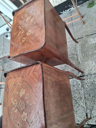 Matching pair of antique French Louis XV style nightstand or bedside tables.