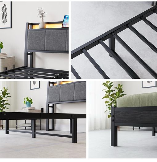 Double Bed Frame, 4FT6 Bed Frame Ergonomics Double with Charging Station and LED Lights, Heavy Duty Platform Full Bed with Fabric Storage Sloped Headboard, No Box Spring Needed, (Black)