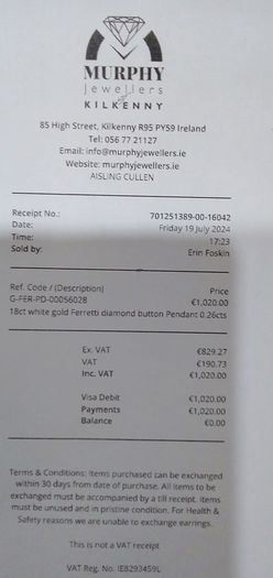 18 Carat White Gold Diamond Necklace. Never worn. Bought in Murphy Jewellers Kilkenny.