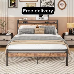 King Size Bed Frame with Wooden Storage Shelf