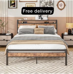 King Size Bed Frame with Wooden Storage Shelf