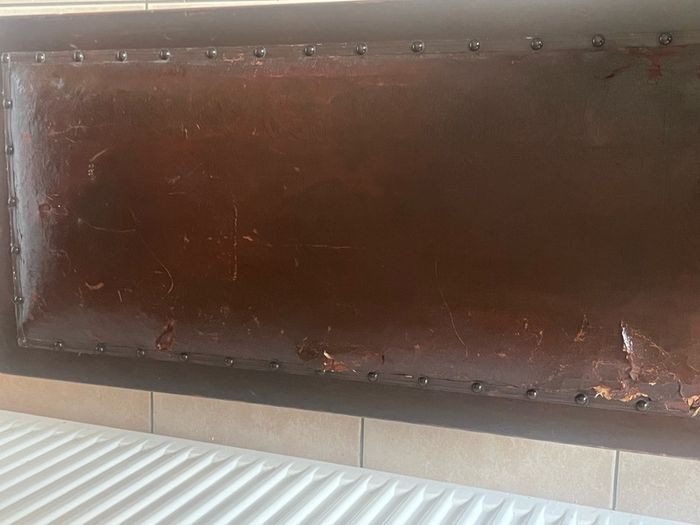 Rare antique low shoe changing bench. With celtic design embossed in the  leather