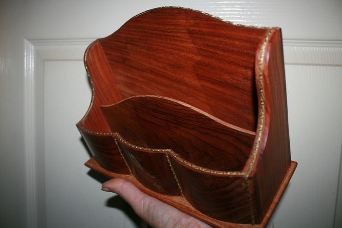 Vintage Letter Holder Handmade Wooden Paper Rack with Moorish Brass Inlays Office Desk Organiser 10,4" x 4" H-7"