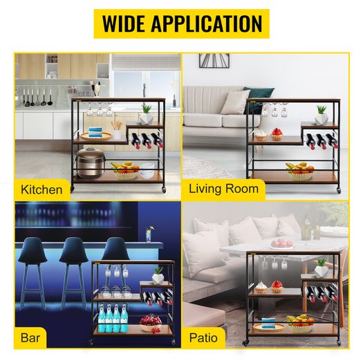 BRAND NEW 3-Tier Bar Wine Rack Serving Cart on Wheels Commercial Kitchen Food Truck Serving Buffet Sideboard Rack Glass Holder Home