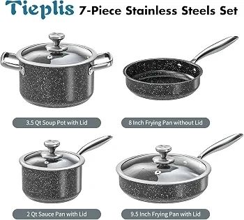 Stainless Steel Pots and Pans Set, 7-Piece Induction Hob Pan Set, Kitchen Cookware Set Cooking Set with Frying Pan Saucepan & Stockpot, Nonstick Black Granite Coating, PFOS & PFOA Free