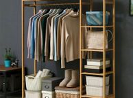 main image for ad Bamboo Wood Clothing Garment Rack with Shelves Clothes Hanging Rack Stand for Child Kids Adults Cloth Shoe Coat Storage Organize