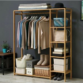 Bamboo Wood Clothing Garment Rack with Shelves Clothes Hanging Rack Stand for Child Kids Adults Cloth Shoe Coat Storage Organize