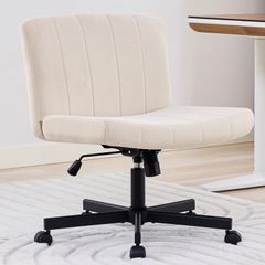 Criss Cross Wide Leg Office Chair with Casters, Comfortable Fabric Dressing Table Chair for Home Office, Armless Swivel Work Chair with 90 Tilt