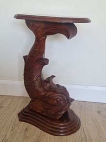 Vintage Chinese Hand-Carved Mahogany Koi Carp Pedestal Table | Mid-Century Style Statement Piece
