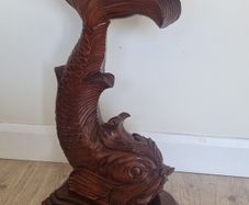 Vintage Chinese Hand-Carved Mahogany Koi Carp Pedestal Table | Mid-Century Style Statement Piece
