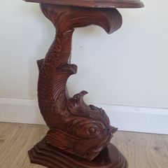 Vintage Chinese Hand-Carved Mahogany Koi Carp Pedestal Table | Mid-Century Style Statement Piece