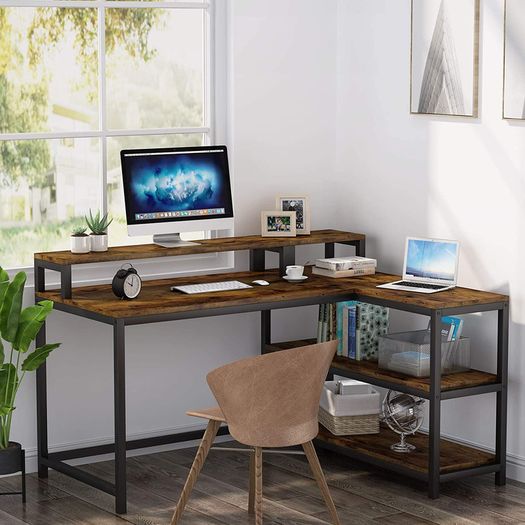 _Computer desk, L-shaped desk, home office, study desk with monitor stand and shelves, industrial corner desk