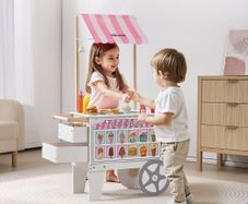 Ice Cream Cart for Kids, 20+ PCS Accessories, Pretend Play Ice Cream Shop Kitchen Food Toys with Ice Cream Cone & Popsicle, Awning & Freezer, Storage Drawers & Flipping Menus, For Kids Aged 3-7