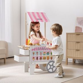Ice Cream Cart for Kids, 20+ PCS Accessories, Pretend Play Ice Cream Shop Kitchen Food Toys with Ice Cream Cone & Popsicle, Awning & Freezer, Storage Drawers & Flipping Menus, For Kids Aged 3-7