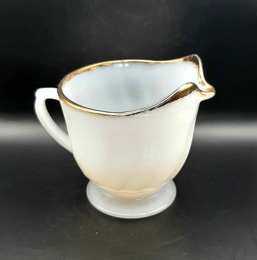 PRICE DROP ... Vintage Fire King White Swirl Creamer, Sugar Bowl and Cake Plate Set with Gold Trim, Opaque White Milk Glass. 1950s