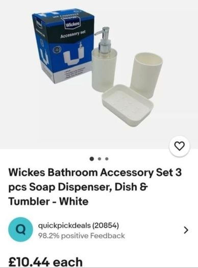 x4 Bundle - Brand New Wickes Accessory Set - Soap Dispenser, Soap Dish, Tumbler - Colour - White - RRP - 12.99 & Brand New Croydex White Adjustable Riser Rail With Fixtures To Hold A Shower Set