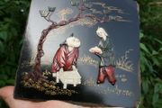 Antique Chinese Carved Picture with Hand Inlay Mother of Pearl 5" x 5"