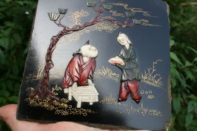 Antique Chinese Carved Picture with Hand Inlay Mother of Pearl 5" x 5"