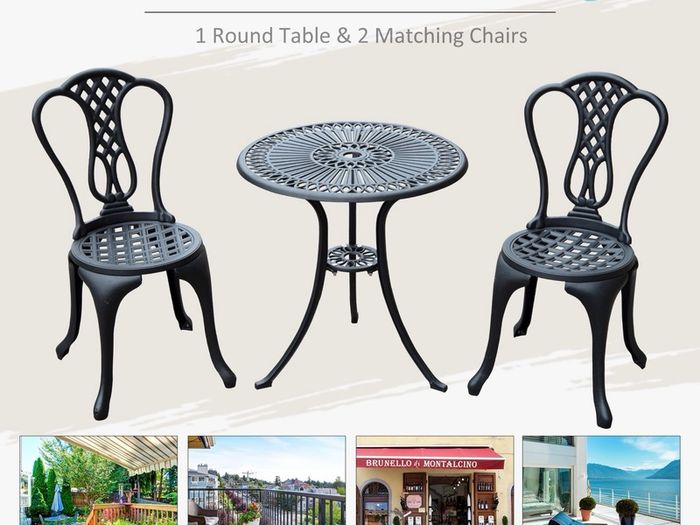 3 Piece Small Patio Furnture Cast Aluminium Bistro Set Garden Outdoor Table and Chairs Shabby Chic Style