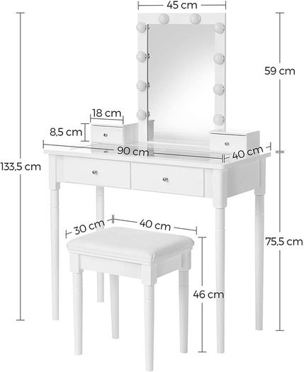 _dressing table, dressing table set, padded stool and 10 dimmable light bulbs, 2 large and 2 small drawers, transparent table top made of tempered glass, gift idea, white