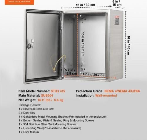 Steel Electrical Box, 40.6 x 30.5 x 15.2 cm, 304 Stainless Steel Electrical Enclosure Box, Wall-Mounted Outdoor Electrical Electronic Equipment Enclosure with Mounting Plate Hinges Lock, IP66 Waterproof
