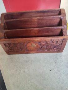 Vintage carved wooden letter organizer rack -1970s- front panel w/ floral design