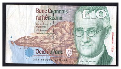 1994 Ireland IR10 James Joyce Banknote Series C. Note issued 27/04/94. Serial number GEJ880988