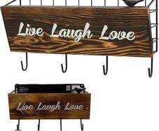Key Holder Wall Mounted Letter Rack, Wooden Key Organiser with Coat Hooks for Wall, Vintage Live Laugh Love Letter Holder