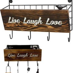 Key Holder Wall Mounted Letter Rack, Wooden Key Organiser with Coat Hooks for Wall, Vintage Live Laugh Love Letter Holder