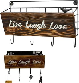 Key Holder Wall Mounted Letter Rack, Wooden Key Organiser with Coat Hooks for Wall, Vintage Live Laugh Love Letter Holder