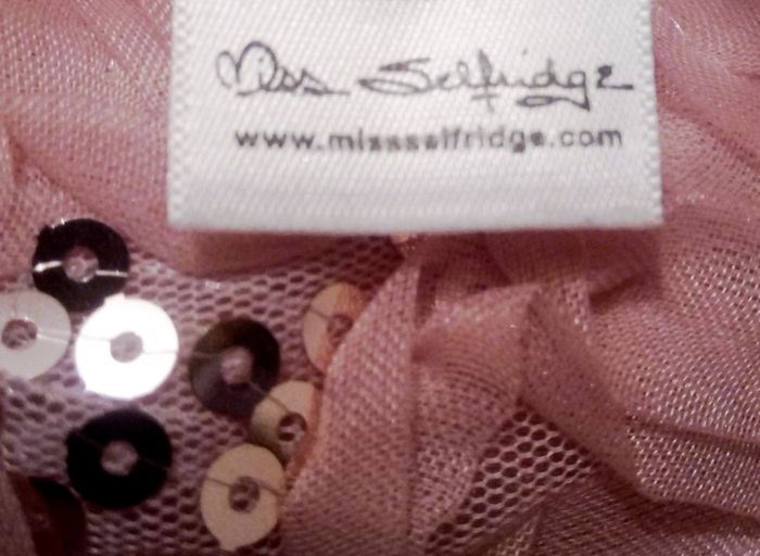 Miss Selfridge Coral/Peach Colour Sequined Bodice Lace Overlayered Skirt, Knee Length Dress