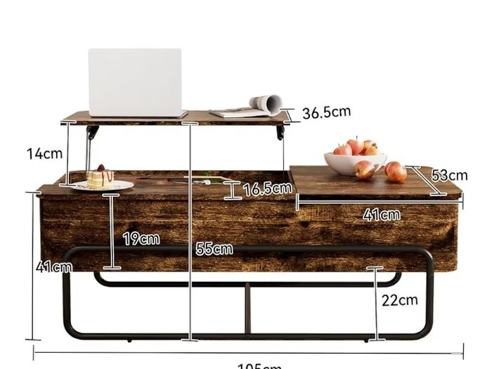 3-Partition Industrial Tables, Pull-Out Drawer, Stable Metal Frame & Hidden Storage, Centre Table for Living Room, Small Space, Home Office