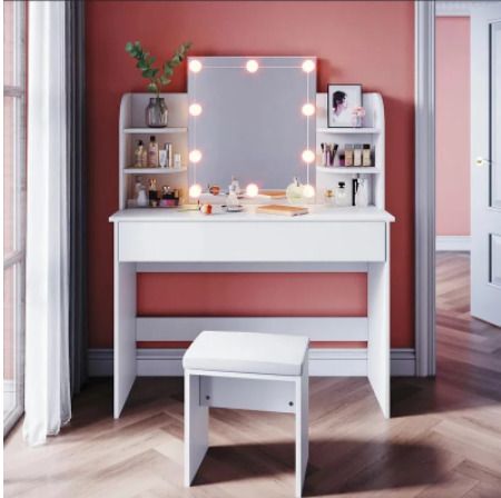 Makeup Dressing Desk Mirror with RGB LED Lights with 2 drawers for Bedroom