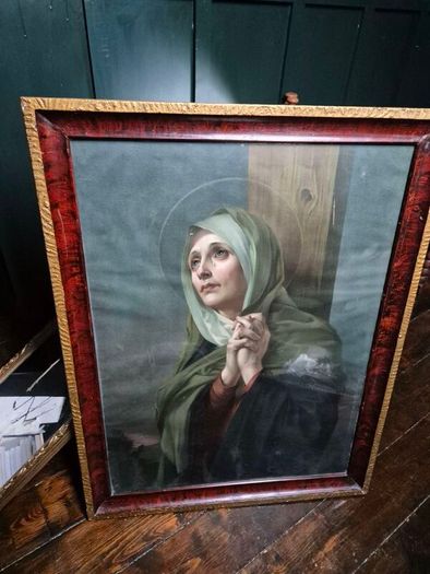 Vintage 1934 large print Mater Dolorosa glass wood framed