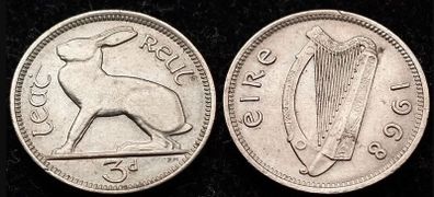[#115] - Ireland 1968 | 3 Pence | Irish 3d | Hare | KM.12a | UNC