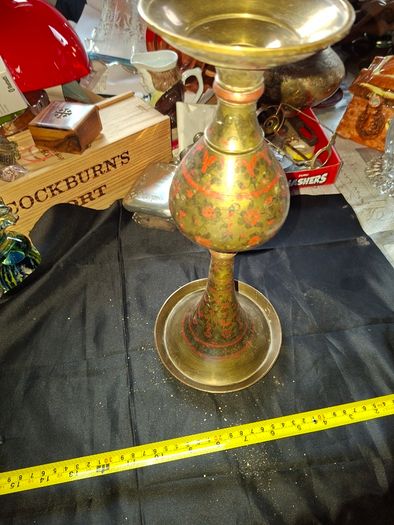 A Beautiful Large Old Brass Vase featuring intricate etched or engraved floral patterns with red enamel inlay, Postage Available or Collection