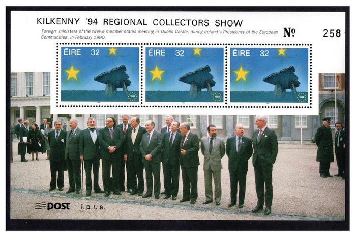 1994 Ireland Kilkenny Regional Collectors Show Exhibition Souvenir overprint on Single European Market Commemorative Stamp Booklet Pane (Hibernian HP54) Mint Never Hinged (MNH)