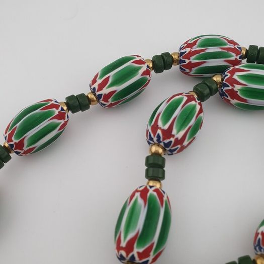 Antique Venetian Style Green Chevron Glass Beads Necklace