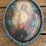 Vintage pair of domed glass with bead frame's religious elements x2 c1900 Image 2