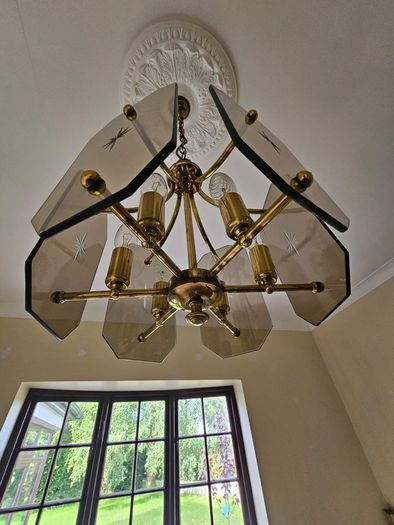 Vintage 1970s Brass & Smoked Glass Starburst Chandelier (MCM / Retro)