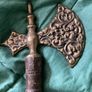 Heavy ornate brass ? headed hatchet with wooden handle Image 3