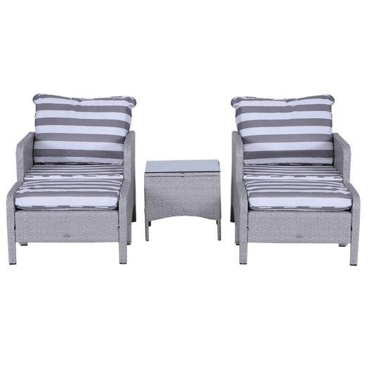 5 Pcs PE Rattan Garden Furniture Set, 2 Armchairs 2 Stools Glass Top Table Cushions Wicker Weave Chairs Outdoor Seating